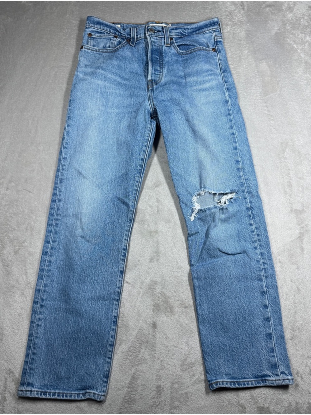 Levi’s Premium Big E Wedgie Straight Cropped Distressed Button Blue Jeans 27
